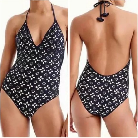 J. Crew Swim J Crew Halter Onepiece Swimsuit Lasercut Eyelet Plunge